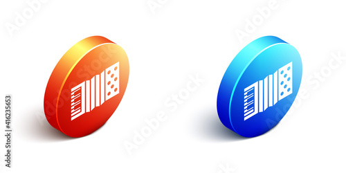 Isometric Musical instrument accordion icon isolated on white background. Classical bayan, harmonic. Orange and blue circle button. Vector.