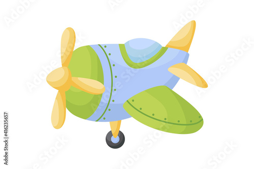 Cute blue-green airplane on white background. Cartoon transport for kids cards, baby shower, birthday invitation, house interior. Bright colored childish vector illustration in cartoon style.
