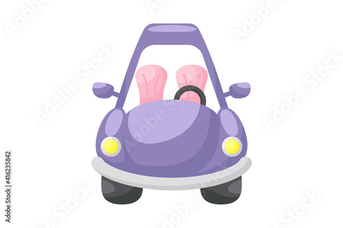 Cute violet car on white background. Cartoon transport for kids cards, baby shower, birthday invitation, house interior. Bright colored childish vector illustration in cartoon style.