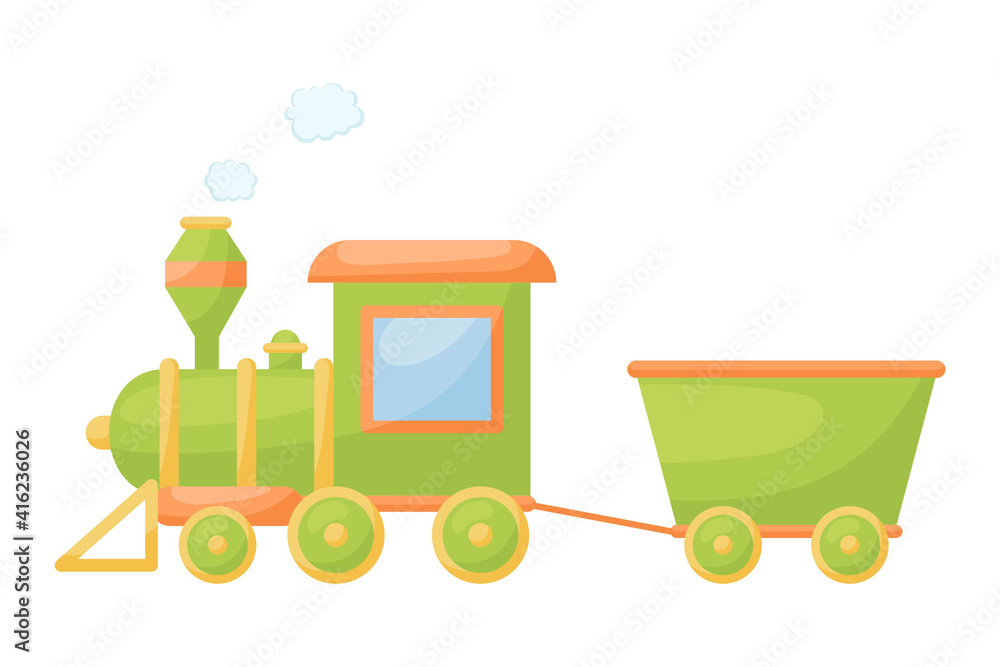 Cute green train with wagon on white background. Cartoon transport for kids cards, baby shower, birthday invitation, house interior. Bright colored childish vector illustration in cartoon style. Cute green train with wagon on white background. Cartoon transport for kids cards, baby shower, birthday invitation, house interior. Bright colored childish vector illustration in cartoon style.