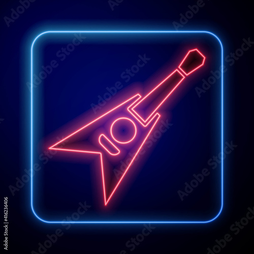 Glowing neon Electric bass guitar icon isolated on black background. Vector.