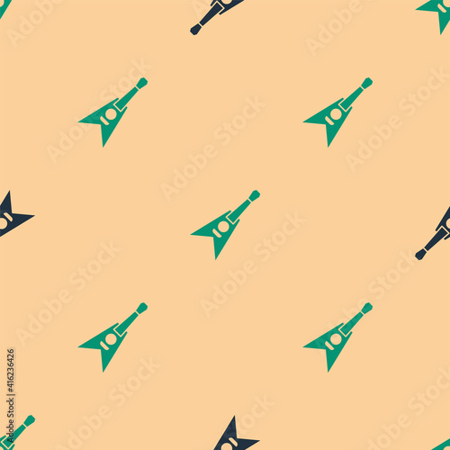 Green and black Electric bass guitar icon isolated seamless pattern on beige background. Vector.