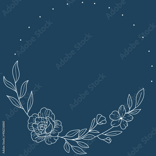 Floral Wreath branch in hand drawn style. Floral round blue and beige frame of twigs, leaves and flowers. Frames for the Valentine's day, wedding decor, logo and identity template.