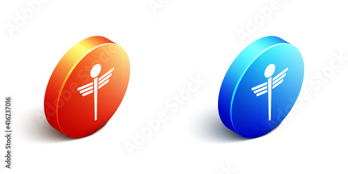 Isometric Caduceus snake medical symbol icon isolated on white background. Medicine and health care. Emblem for drugstore or medicine, pharmacy. Orange and blue circle button. Vector.