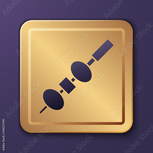 Purple Olive and cheese on chopstick icon isolated on purple background. Canape, tapas with cheese and olive. Gold square button. Vector.
