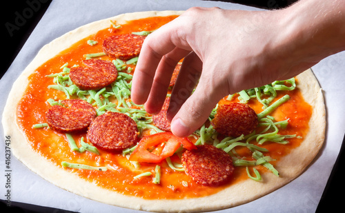 Process of making pizza with green cheese