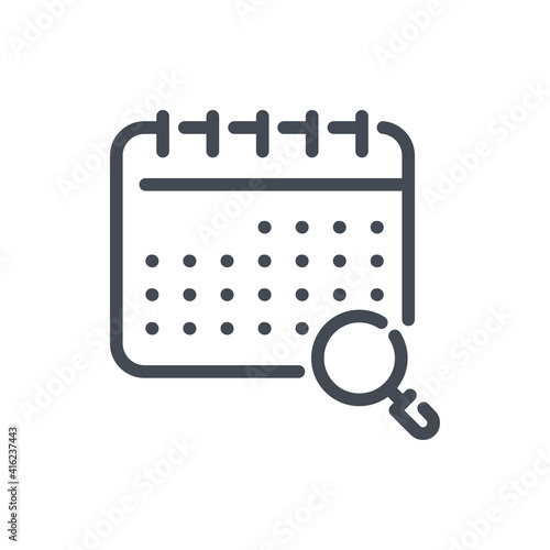 Timetable research and review line icon. Calendar search and review vector outline sign.