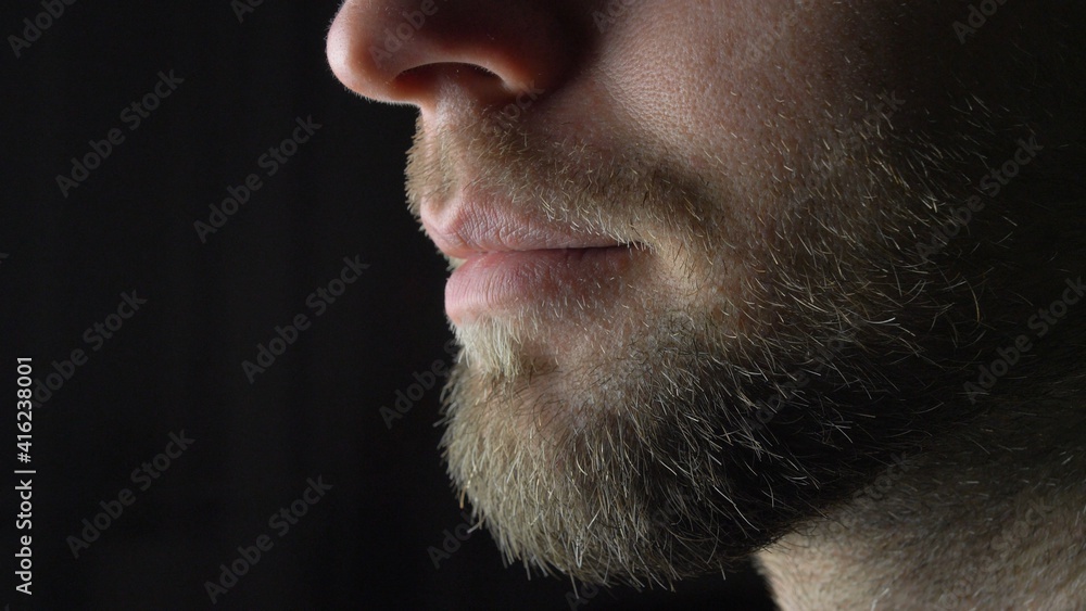 Obraz premium Bearded Caucasian Man Putting on Surgical Mask on Black Background Close Up