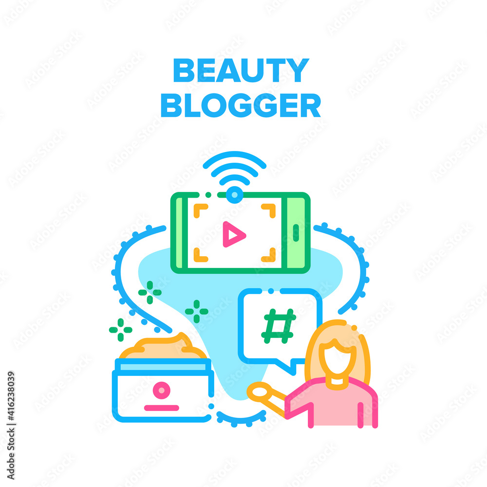 Beauty Blogger Vector Icon Concept. Beauty Blogger Occupation, Woman Recording Video And Giving Advice And Review About Cosmetics And Perfume. Fashion Vlogger Channel Color Illustration