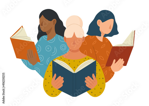 Young women different nationalities and cultures reading books. Book lovers, fans of literature. Concept of Book Week or World Book Day. Flat vector illustration isolated on white background.