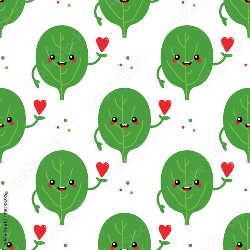 Cute cartoon style green spinach leaves characters holding red hearts vector seamless pattern background. 