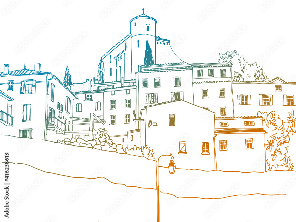 The ancient city on the hill of Provence. Fortress at the Top. Hand drawn sketch style. Urban background. Colorful Vector illustration on white background