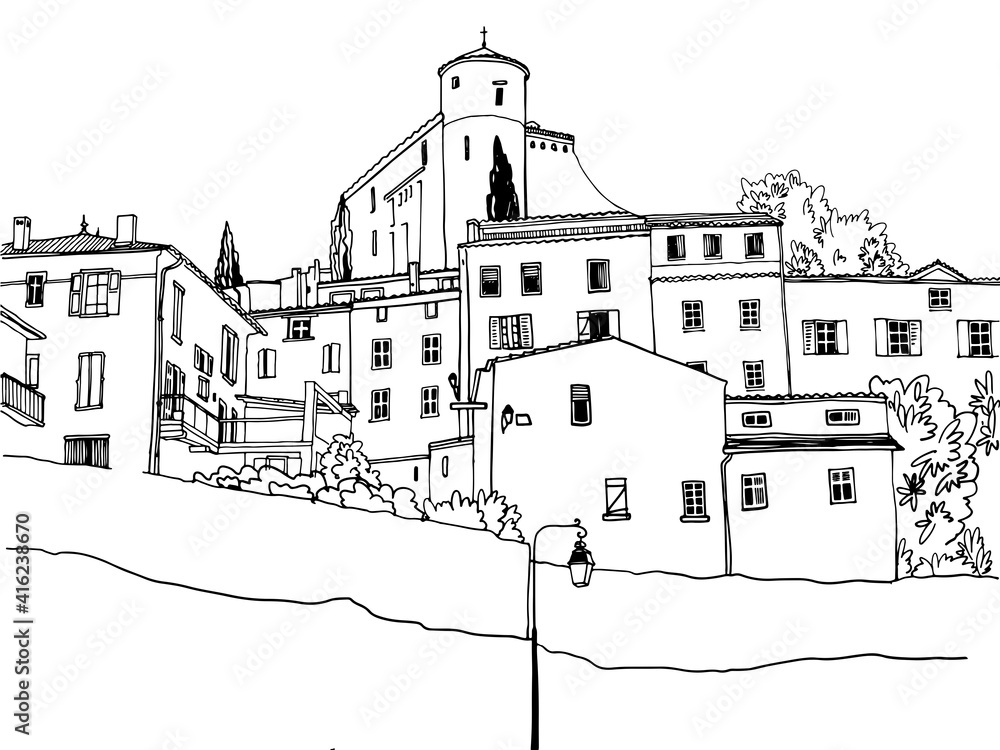 The ancient city on the hill of Provence. Fortress at the Top. Hand drawn sketch style. Urban background. Vector illustration on white background