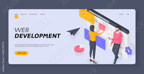 Programmers developing web software. Banner template. Isometric vector illustration