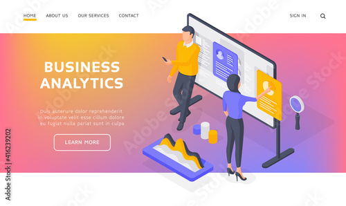 Business analysts working with data isometric vector illustration. Baner template