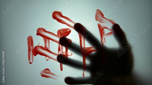 Wallpaper Mural Hand Hitting Help Word Written with Blood on Translucent Glass Torontodigital.ca