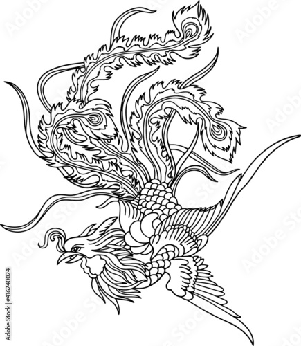 Flying phoenix fantasy fire bird black outline vector illustration isolated on white background