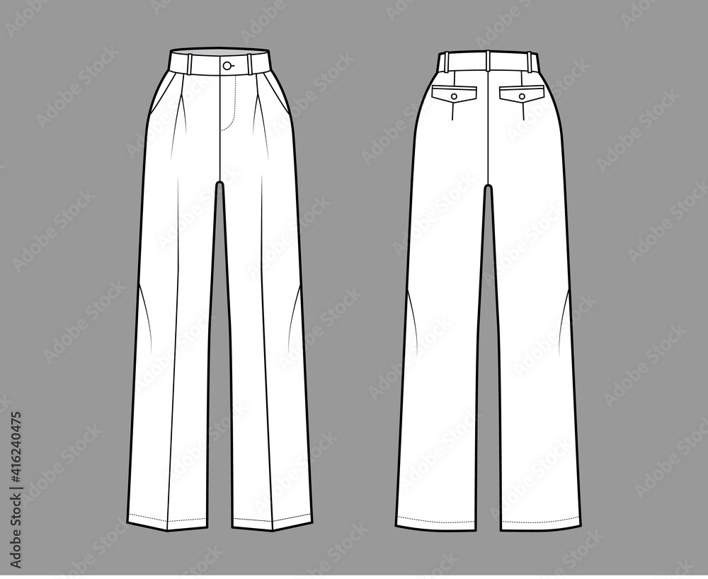 Pants tailored technical fashion illustration with extended normal waist, rise, full length, slant, flap pockets, single pleat, belt loops. Flat template front, back, white color. Women men CAD mockup Pants tailored technical fashion illustration with extended normal waist, rise, full length, slant, flap pockets, single pleat, belt loops. Flat template front, back, white color. Women men CAD mockup
