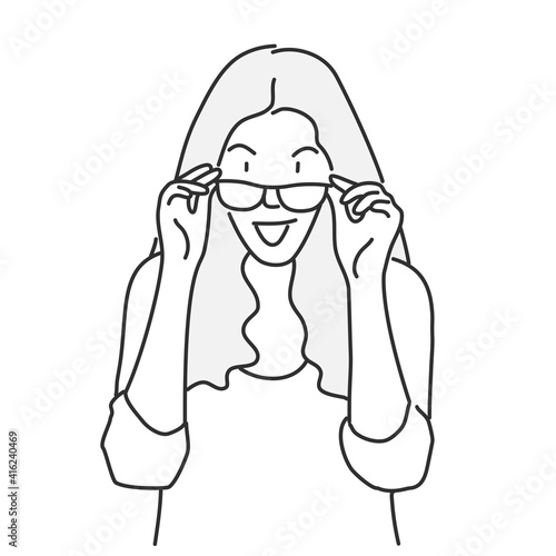 Young woman with long hair looking taking off glasses. Hand drawn vector illustration.