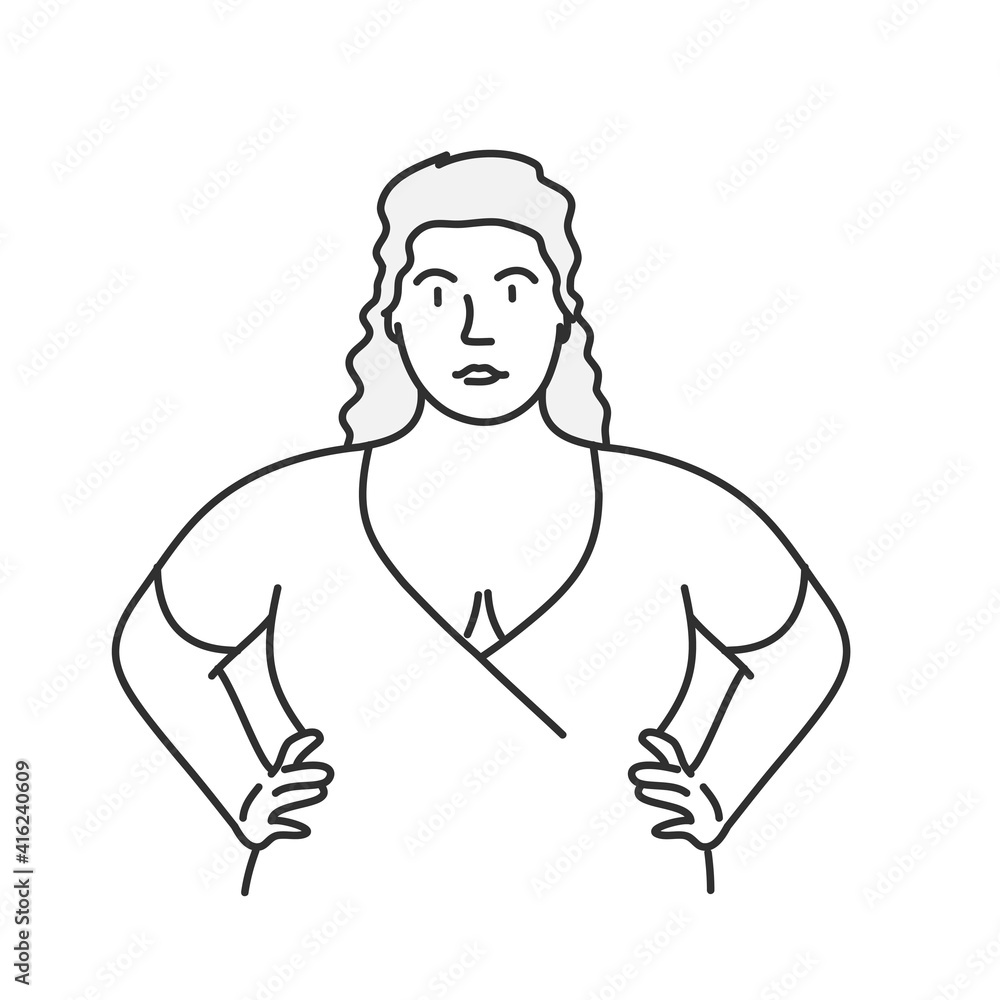 Confident plump woman holds her hands on her hips. Hand drawn vector illustration.