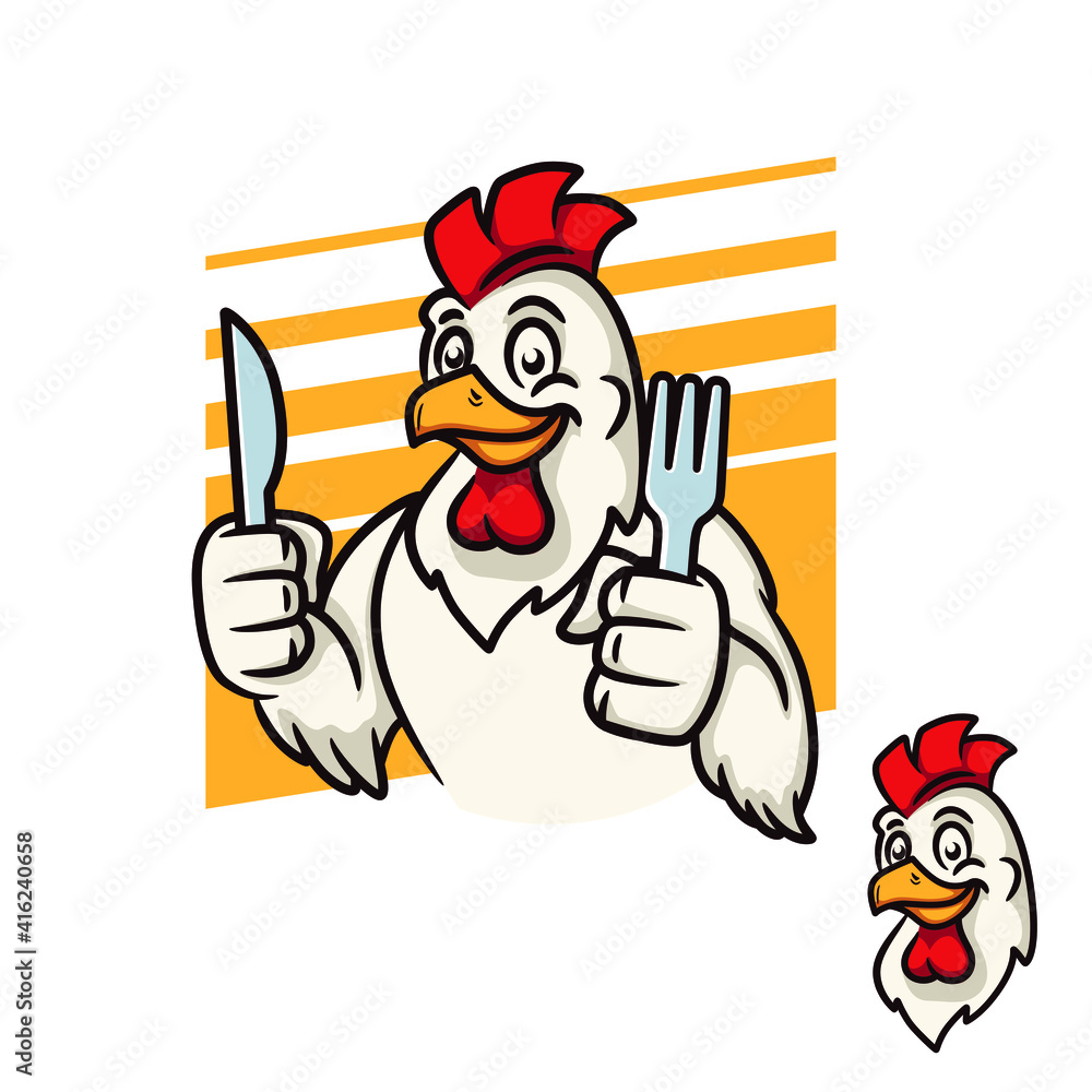 Rooster modern modern vector mascot with fork and knife. Ready to eat Rooster modern modern vector mascot with fork and knife. Ready to eat