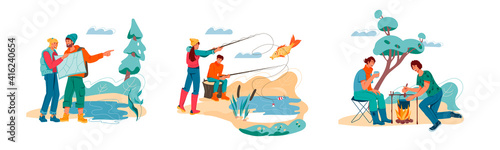 Set of tourists and campers, hikers cartoon characters, flat vector illustration isolated on white background. Men and women hiking and resting in summer camp.