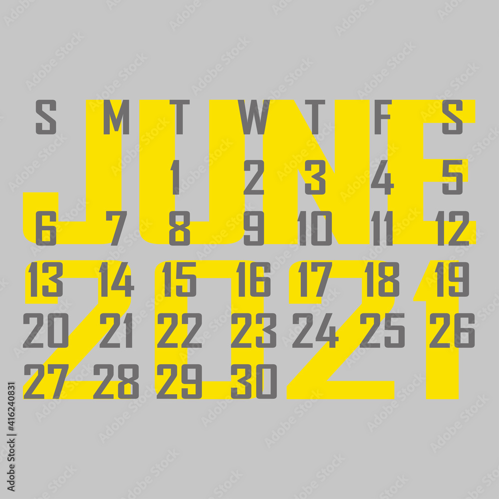 Letter calendar for June 2021. The week begins on Sunday. Time, planning and schedule concept. Flat design. Removable calendar for the month. Vector