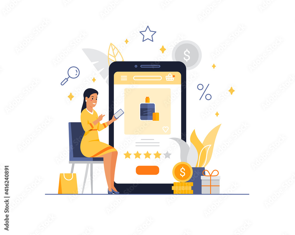 Product review in the mobile application. Vector illustration Product review in the mobile application. Vector illustration