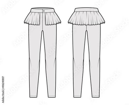Pants peplum technical fashion illustration with extended low waist, rise, full length, 2 layer frilled skirt. Flat bottom trousers apparel template front, back grey color. Women men unisex CAD mockup