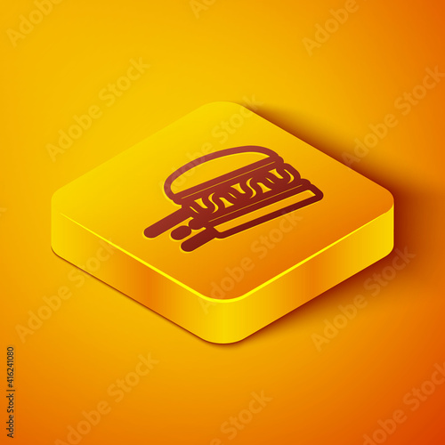 Isometric line Online ordering and burger delivery icon isolated on orange background. Yellow square button. Vector.