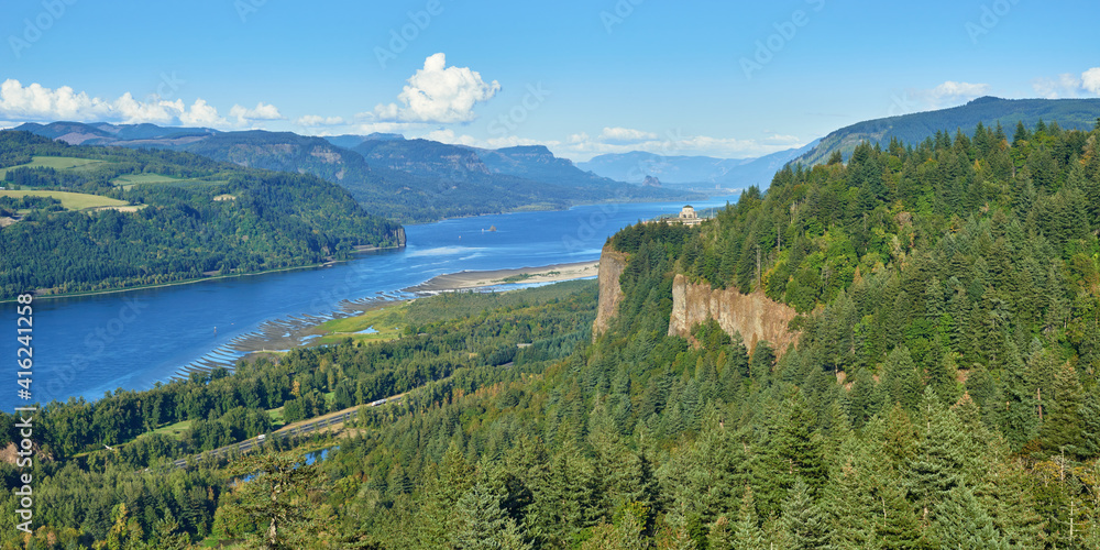 Panoramic sunny view of the Columbia River Gorge from Portland Women's Forum viewpoint near Portland, Oregon.