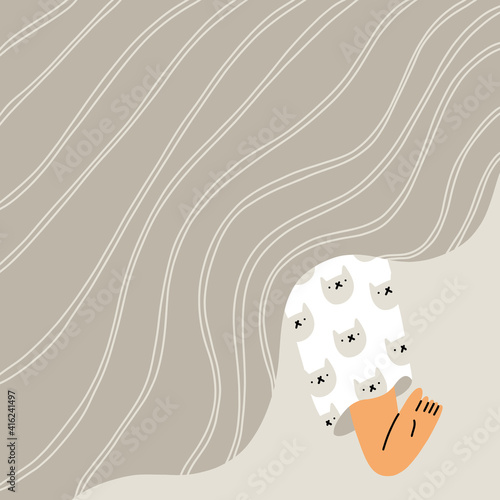 Lazy dreaming in bed, leg in pajama under blanket, vector illustration
