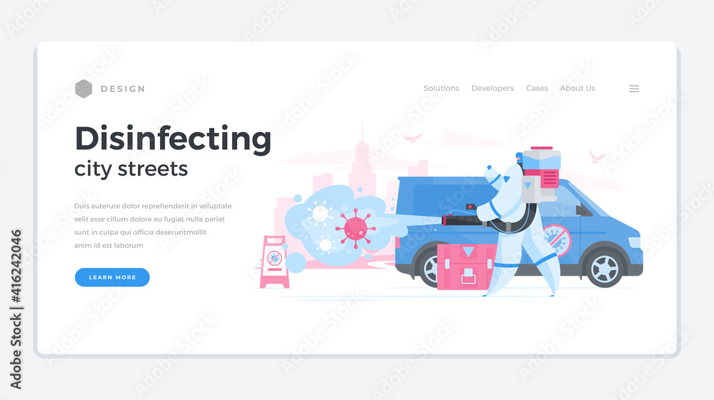 Fototapeta premium Antiviral disinfection city home page vector banner. Clean streets protection from pandemic coronavirus.