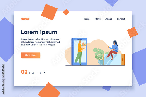 Woman ordering delivery from grocery store. Courier stepping of gadget with bag of food flat vector illustration. App, internet, service concept for banner, website design or landing web page