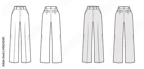 Pants tailored technical fashion illustration with normal waist, high rise, full length, slant, flap pockets. Flat bottom trousers template front, back, white grey color. Women men unisex CAD mockup