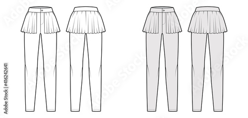 Pants peplum technical fashion illustration with extended normal waist, high rise, full length, frilled skirt. Flat bottom trousers template front, back, white grey color. Women men unisex CAD mockup