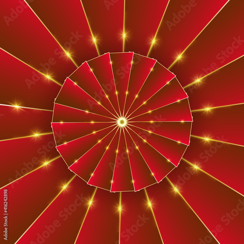 Abstract background with vector red triangles and gold border, glowing glare.