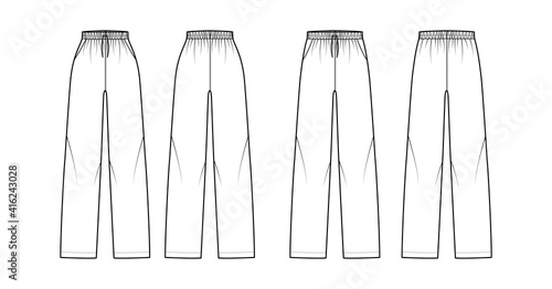 Set of Pajama pants technical fashion illustration with elastic normal low waist, high rise, full length, drawstrings, pockets. Flat trousers apparel template front, back white color. Women CAD mockup