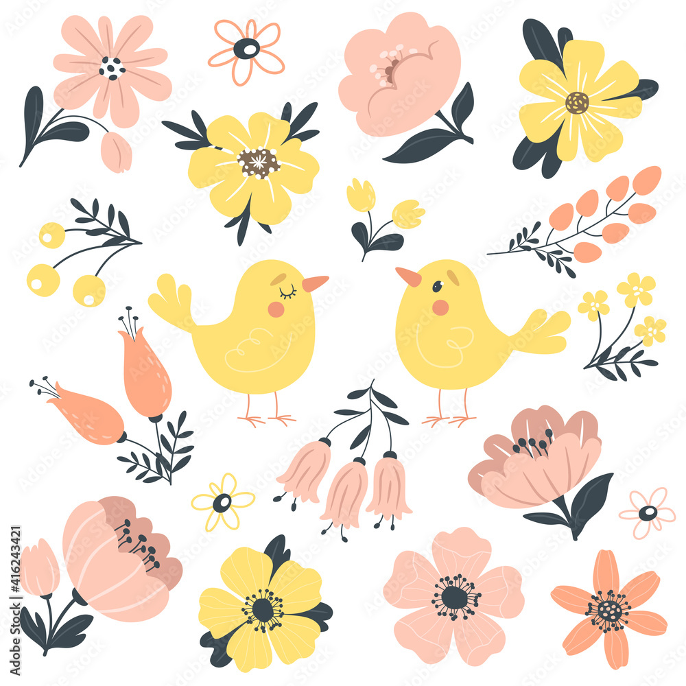Spring collection with cute birds and flowers. Vector isolated on a white background.