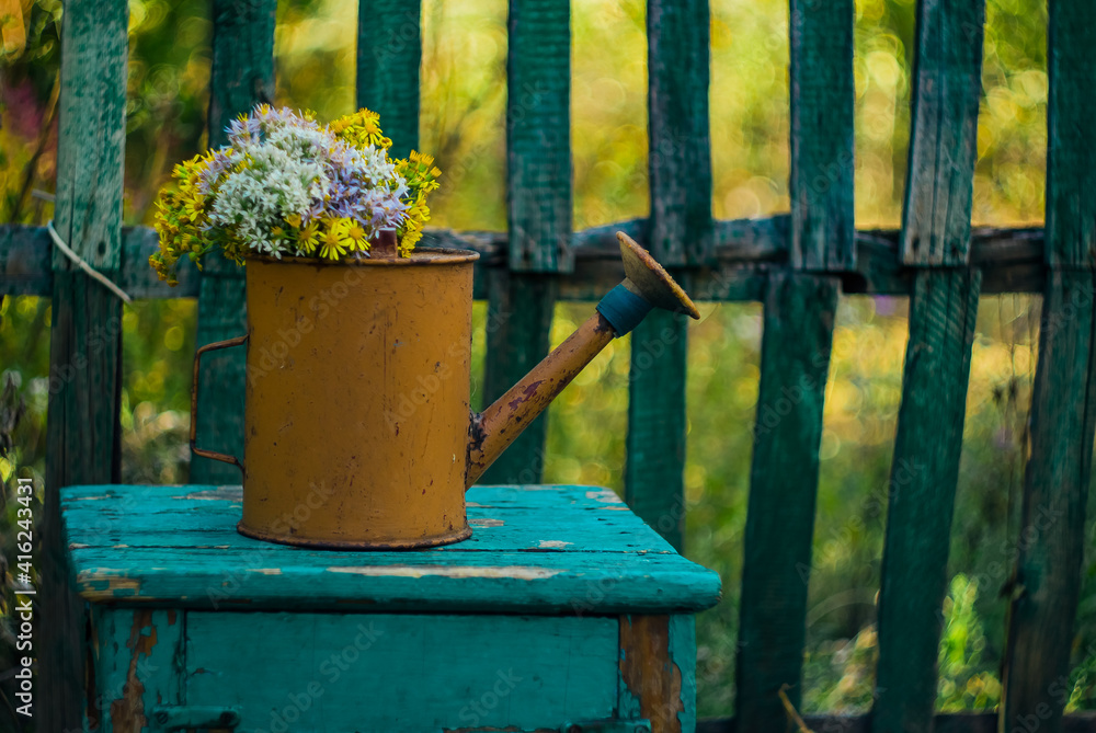 A bouquet of summer wildflowers in an old garden watering can, which stands on an old turquoise stool against the background of an old rustic fence