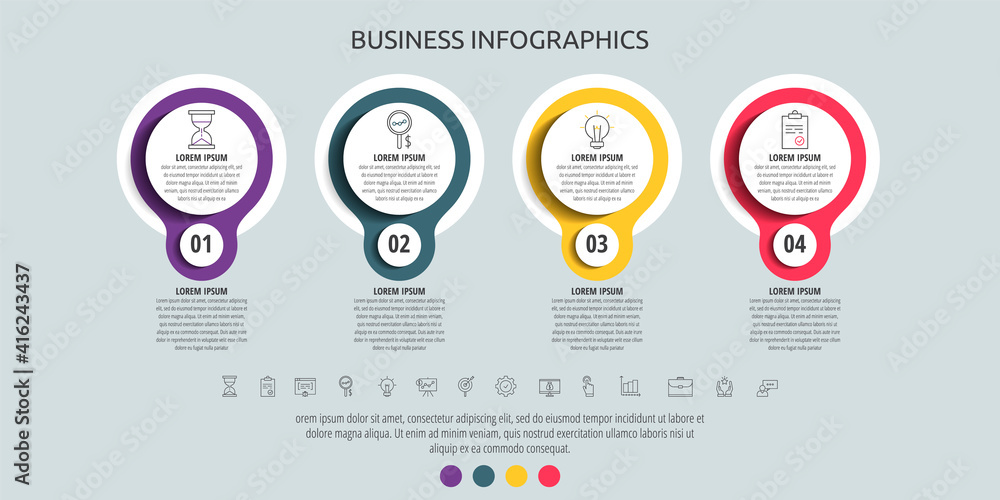 Fototapeta premium Circles vector line infographic with 4 step, icons. Timeline used for diagram, chart, workflow layout, presentations, flowchart, info graph, content, levels, chart, processes diagram