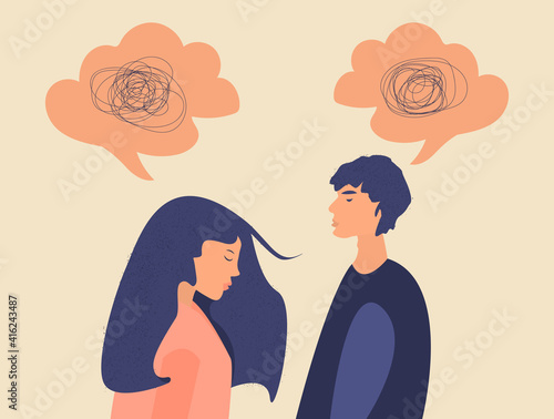 Frustrated sad woman and man in a quarrel with nervous problem feel anxiety and confusion of thoughts. The couple with Mental disorder, problems and chaos. Speech bubble. Flat vector illustration.