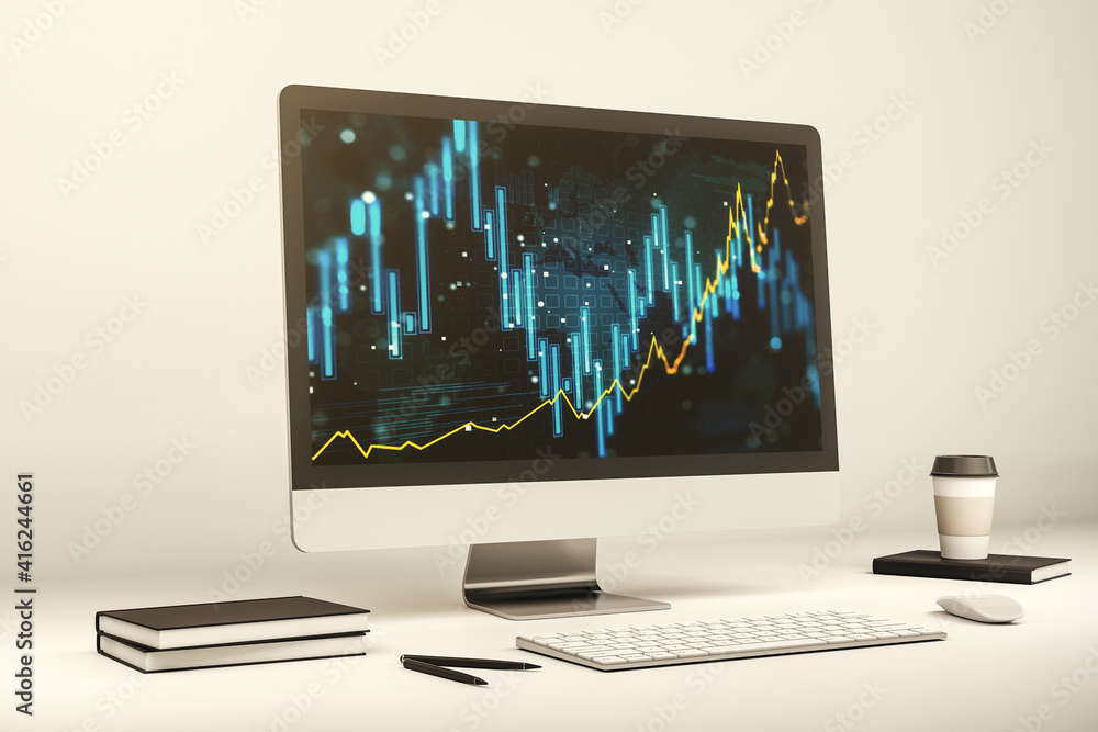 Abstract creative financial graph on modern laptop screen, forex and investment concept. 3D Rendering Abstract creative financial graph on modern laptop screen, forex and investment concept. 3D Rendering