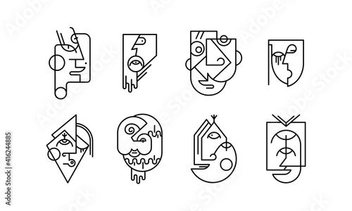 Stock vector set of modern cubism surreal face artwork