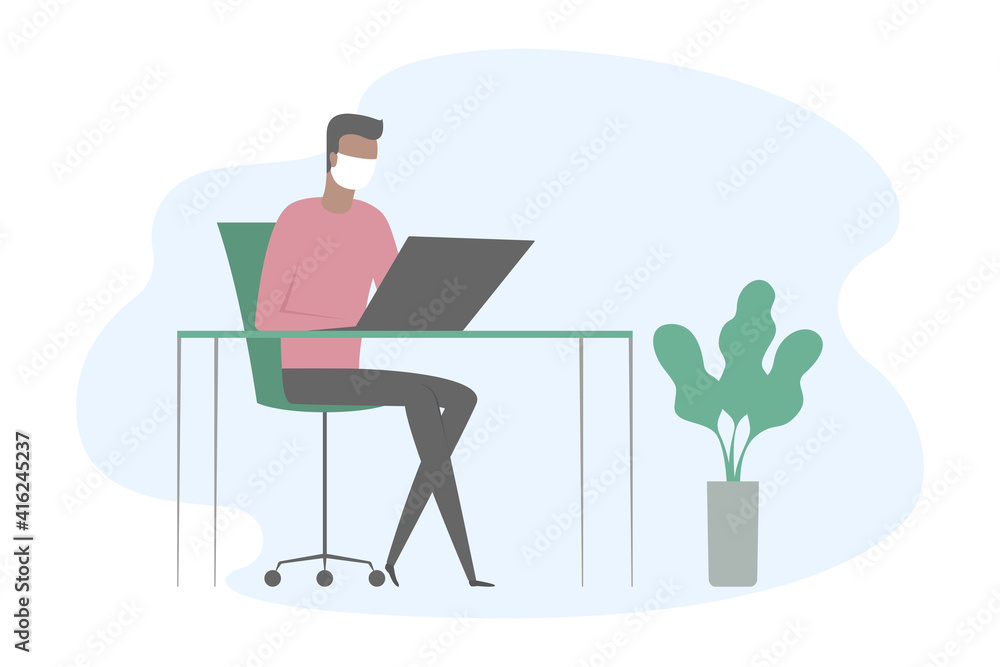 African man in mask sitting at desk and working on computer. Vector illustration.