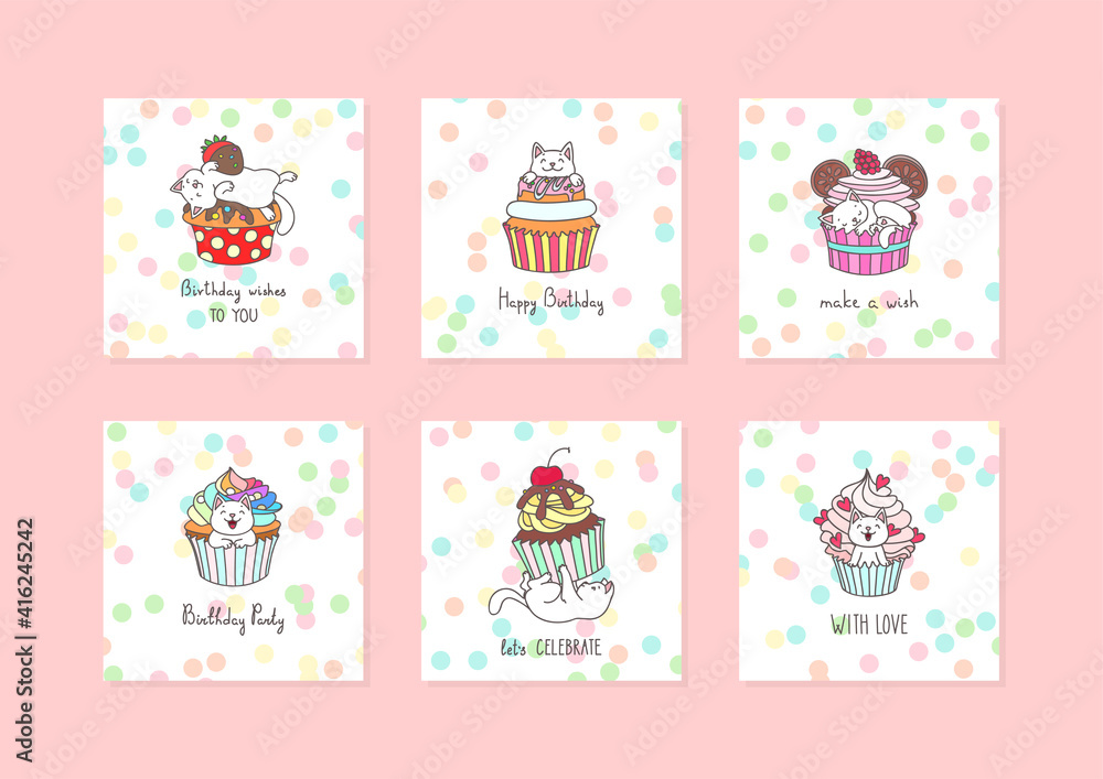 Set of birthday cards. Cute illustrations of little white kittens playing with cupcakes on a dotted background. Vector 10 EPS. Set of birthday cards. Cute illustrations of little white kittens playing with cupcakes on a dotted background. Vector 10 EPS.