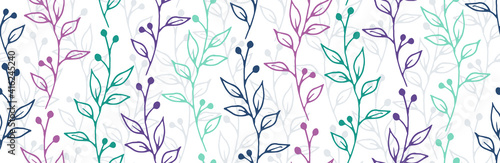 Berry bush sprigs hand drawn vector seamless ornament. Beautiful herbal texti...