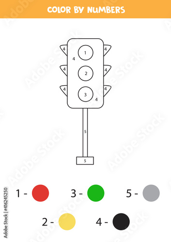 Color cartoon traffic lights by numbers. Transportation worksheet.