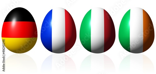 Eier in den Farben der Flaggen Deutschlands  Frankreichs  Italiens und Irlands