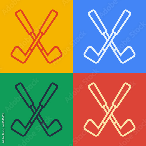 Pop art line Crossed golf club icon isolated on color background. Vector.